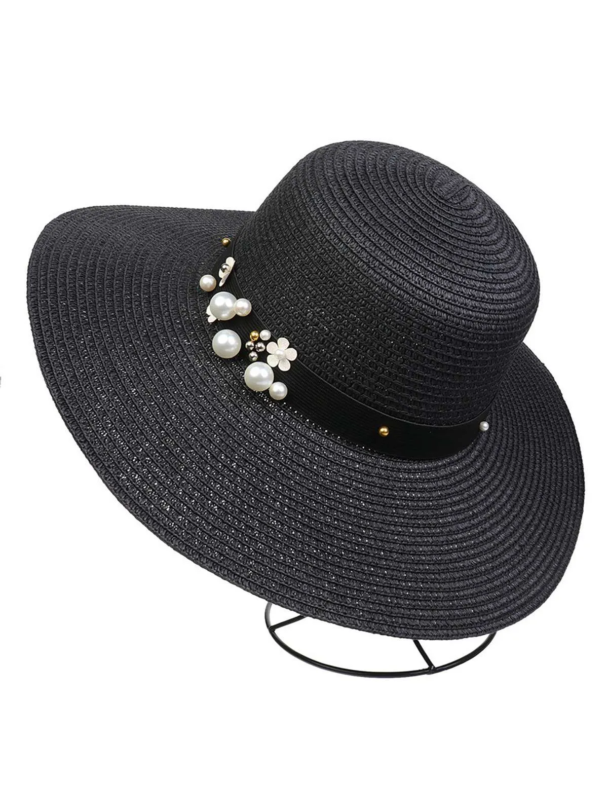 Vintage Wide Brim Foldable Sun Hat With Pearl