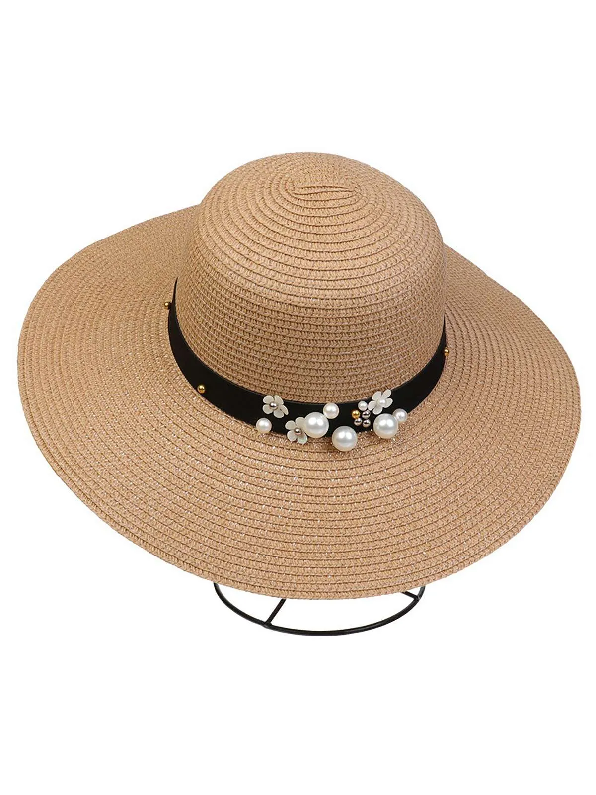 Vintage Wide Brim Foldable Sun Hat With Pearl