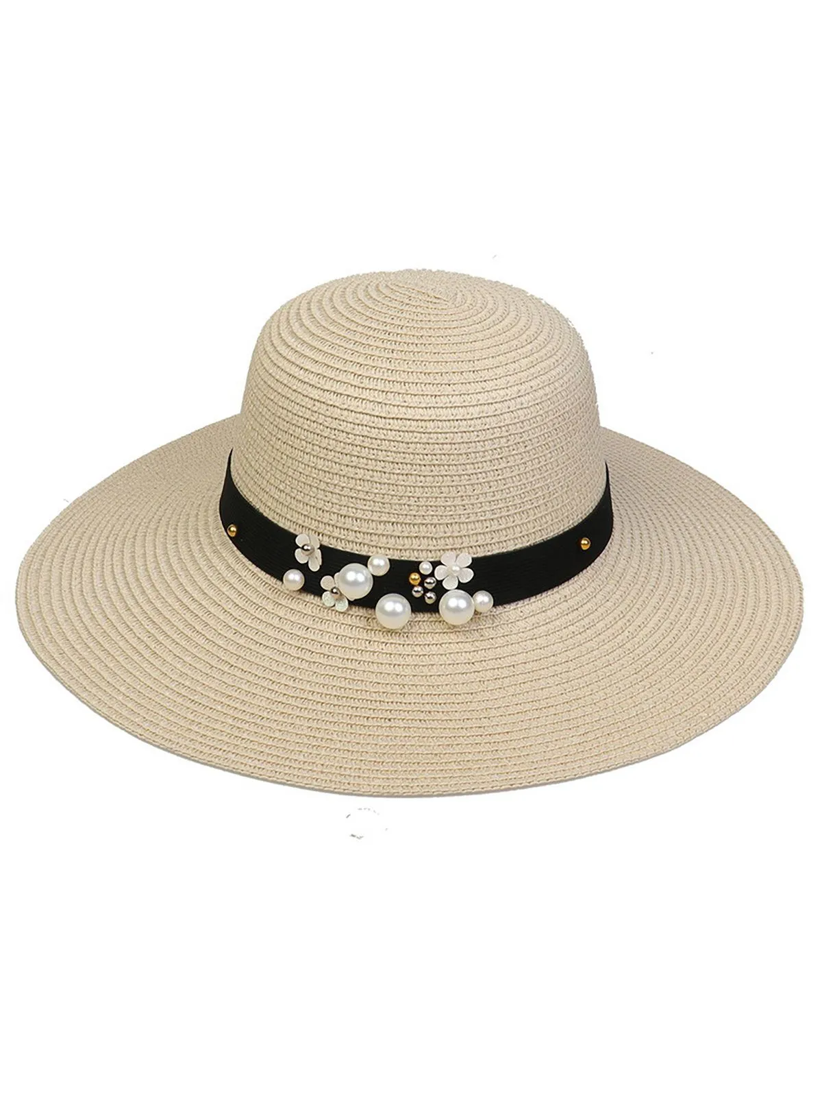 Vintage Wide Brim Foldable Sun Hat With Pearl