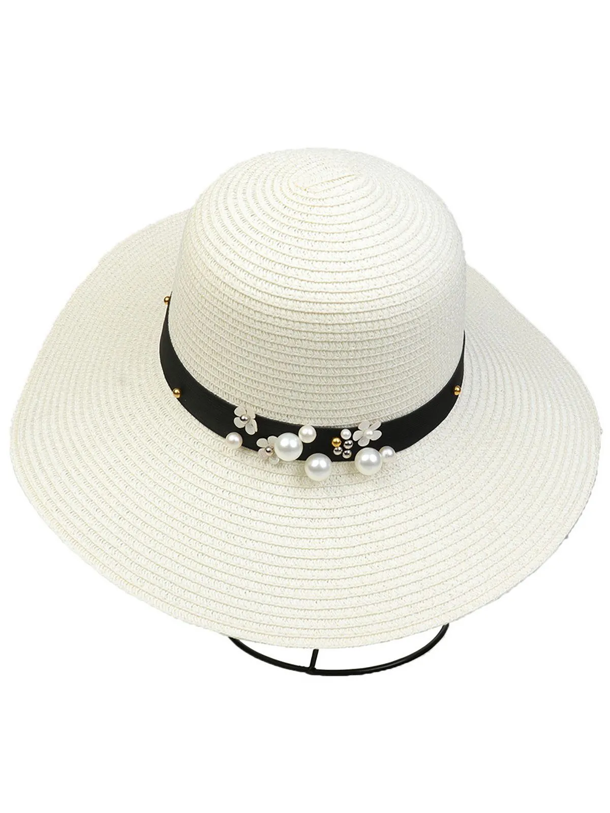 Vintage Wide Brim Foldable Sun Hat With Pearl