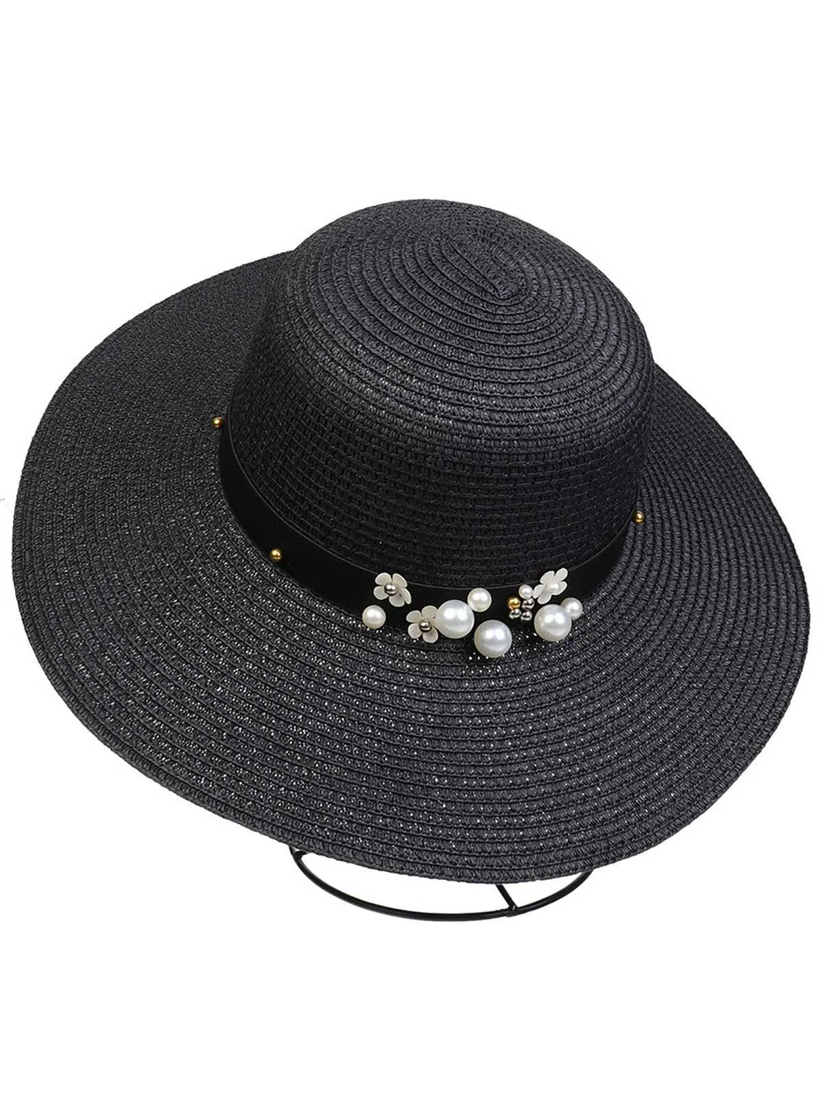 Vintage Wide Brim Foldable Sun Hat With Pearl