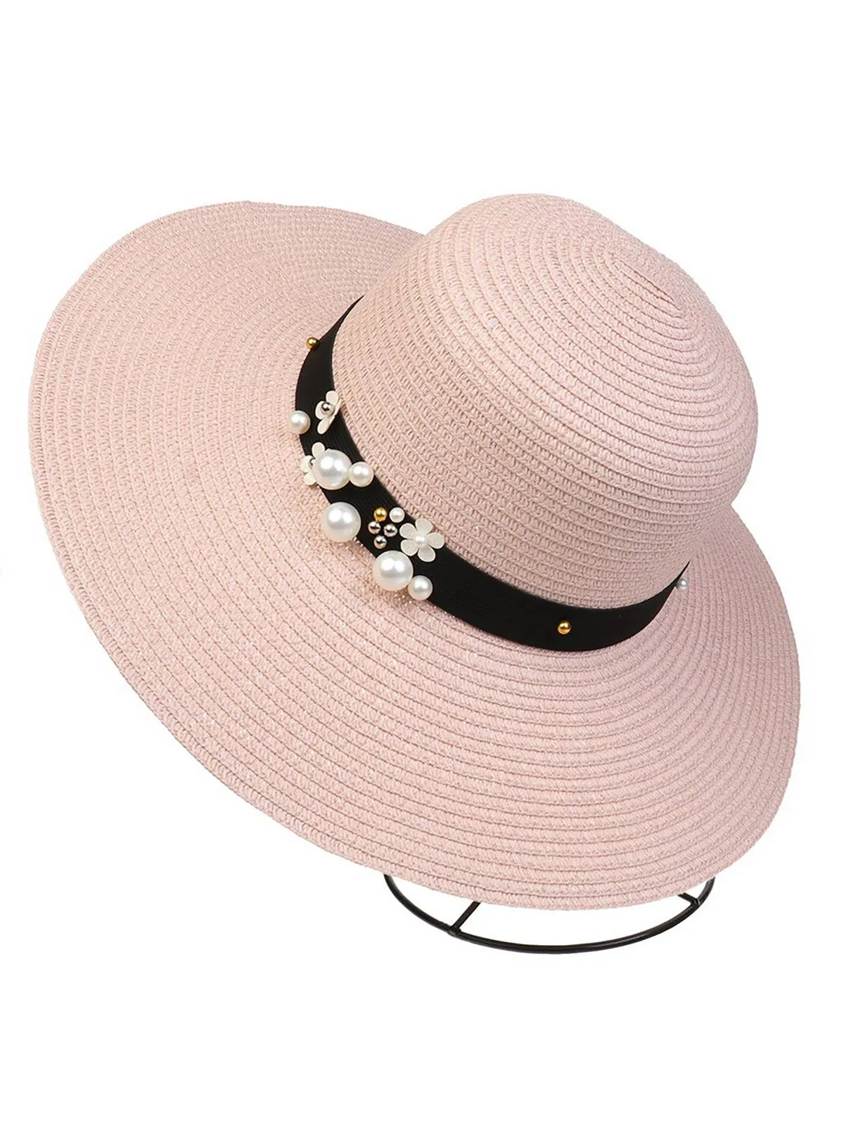 Vintage Wide Brim Foldable Sun Hat With Pearl