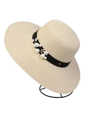 Vintage Wide Brim Foldable Sun Hat With Pearl