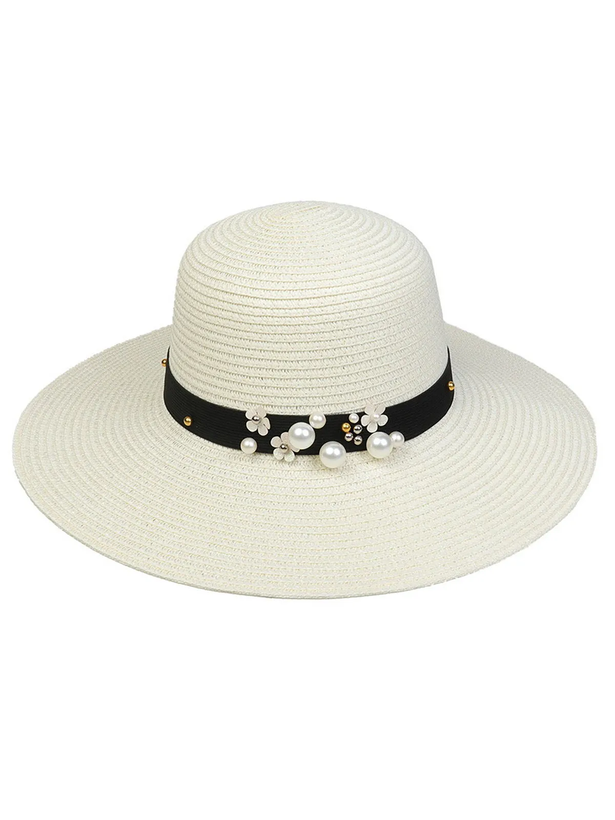 Vintage Wide Brim Foldable Sun Hat With Pearl