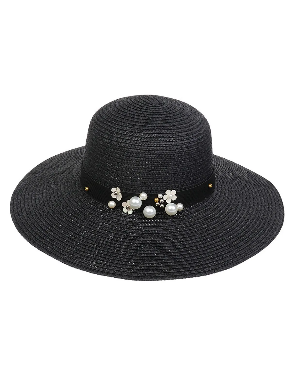 Vintage Wide Brim Foldable Sun Hat With Pearl