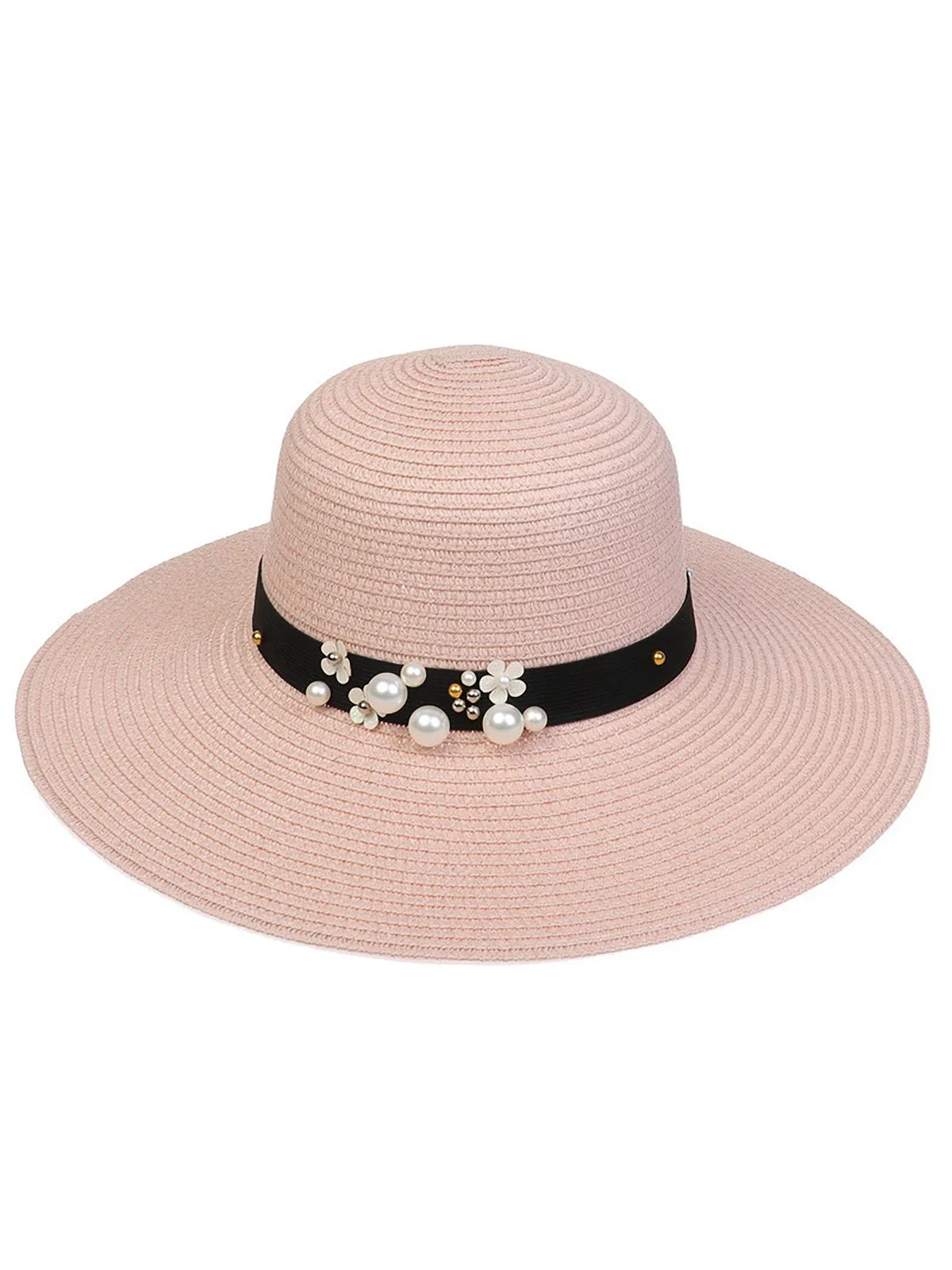 Vintage Wide Brim Foldable Sun Hat With Pearl