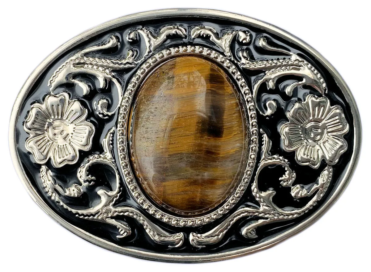 Western Belt Buckle Tiger Eye Stone Filigree