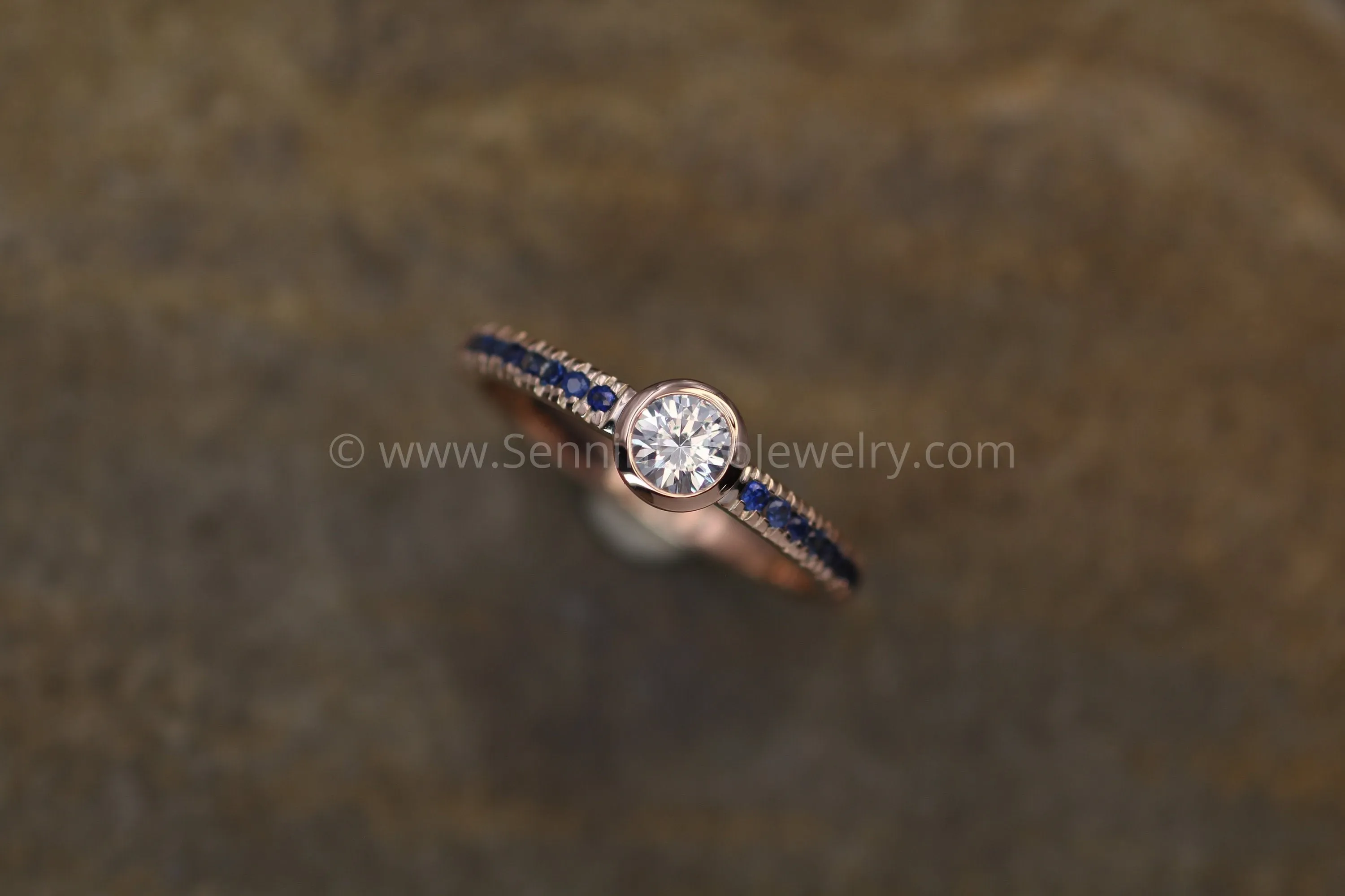 White and Blue Sapphire Rose Gold Alternative Engagement - Sapphire Gold Ring - White Sapphire Bezel Ring - Sapphire Ring - Rose Gold Ring