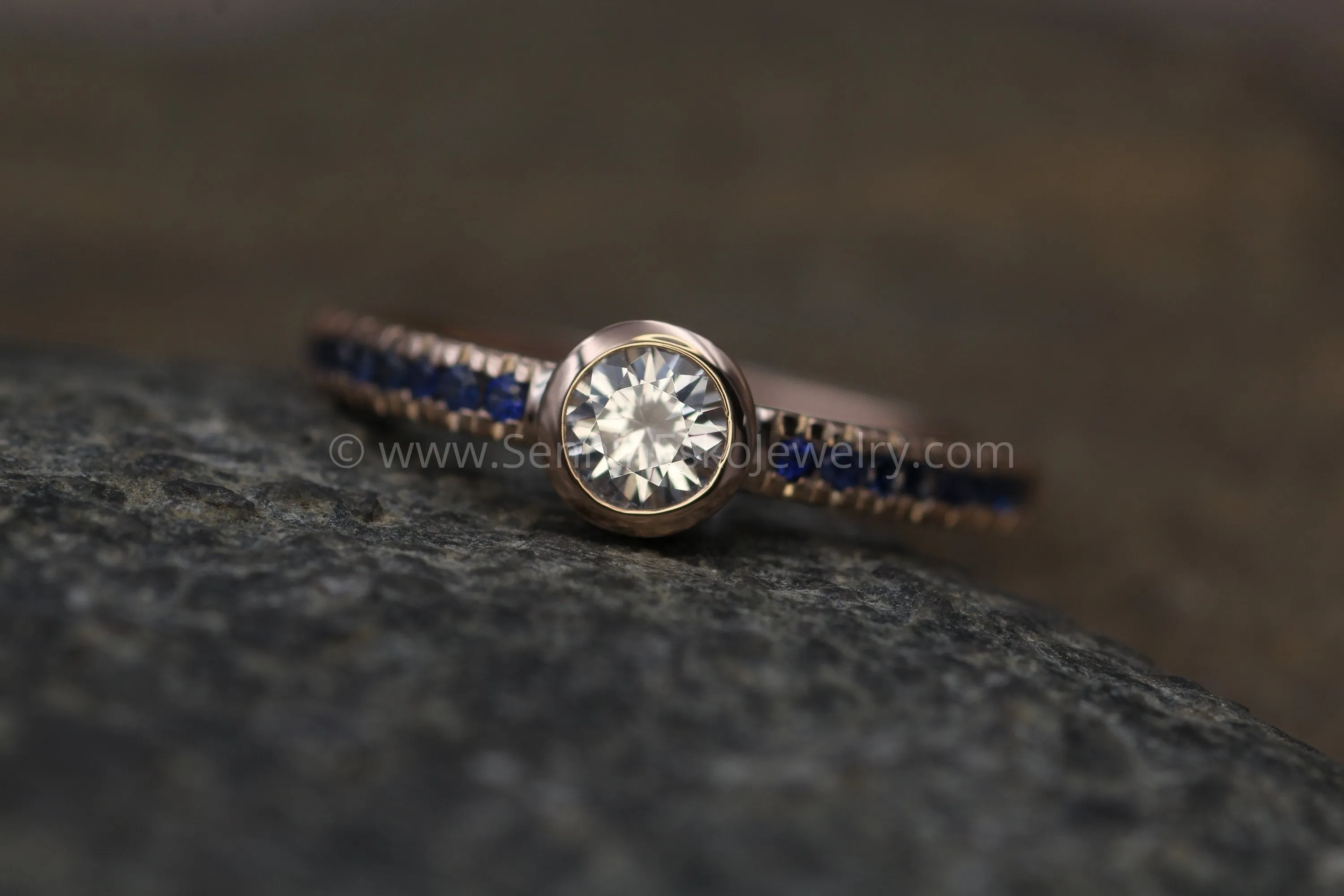 White and Blue Sapphire Rose Gold Alternative Engagement - Sapphire Gold Ring - White Sapphire Bezel Ring - Sapphire Ring - Rose Gold Ring