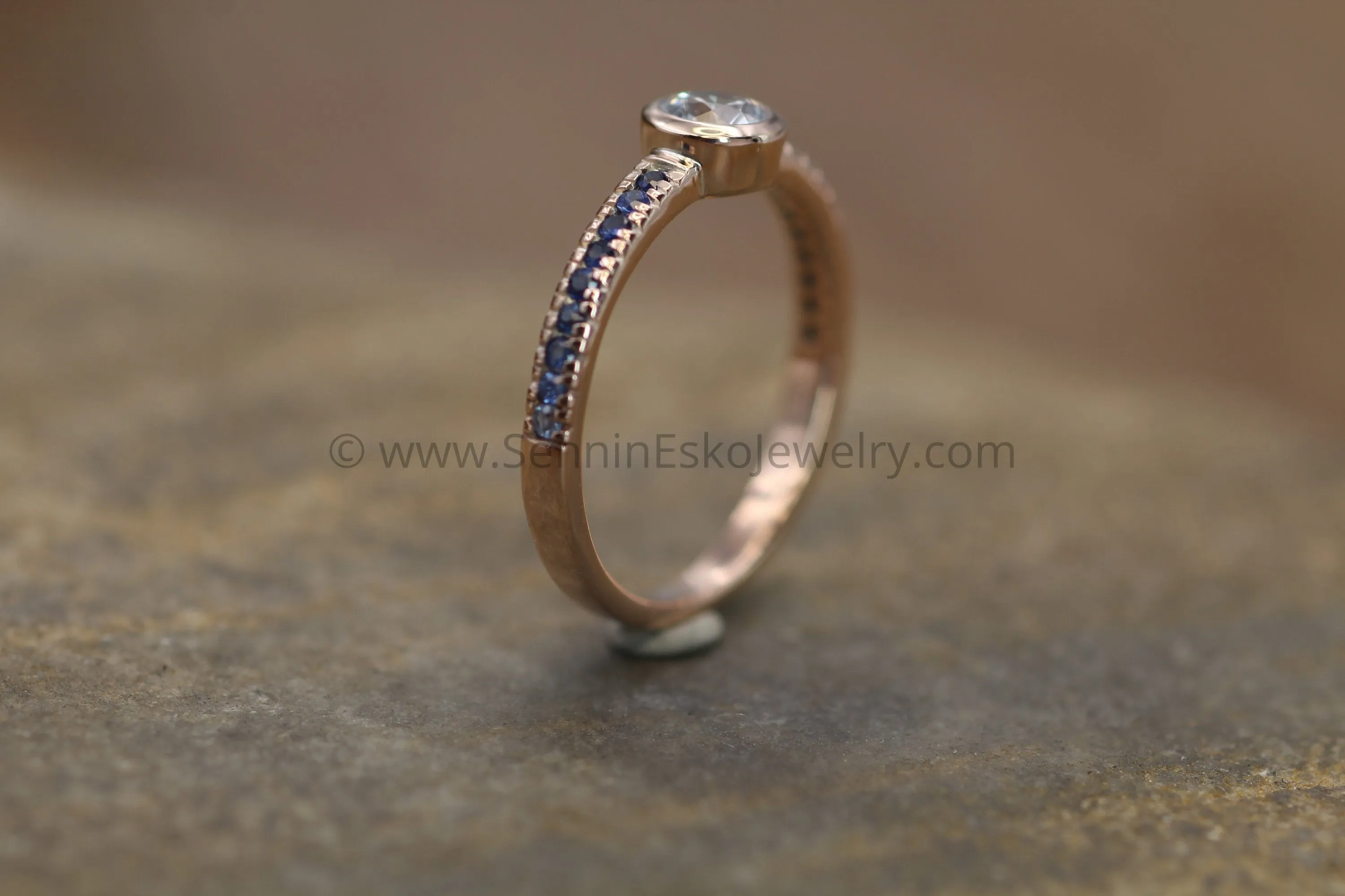 White and Blue Sapphire Rose Gold Alternative Engagement - Sapphire Gold Ring - White Sapphire Bezel Ring - Sapphire Ring - Rose Gold Ring