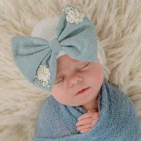 White Floral Chambray Bow Newborn Girl Hospital Hat - White Hat Chambray Bow and White Flowers