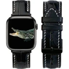 White Hand Stitching Black Alligator Leather Strap for Apple Watch Ultra Series 8 7 6 5 4 3 SE | AW-154