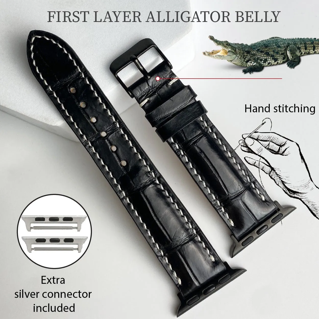 White Hand Stitching Black Alligator Leather Strap for Apple Watch Ultra Series 8 7 6 5 4 3 SE | AW-154