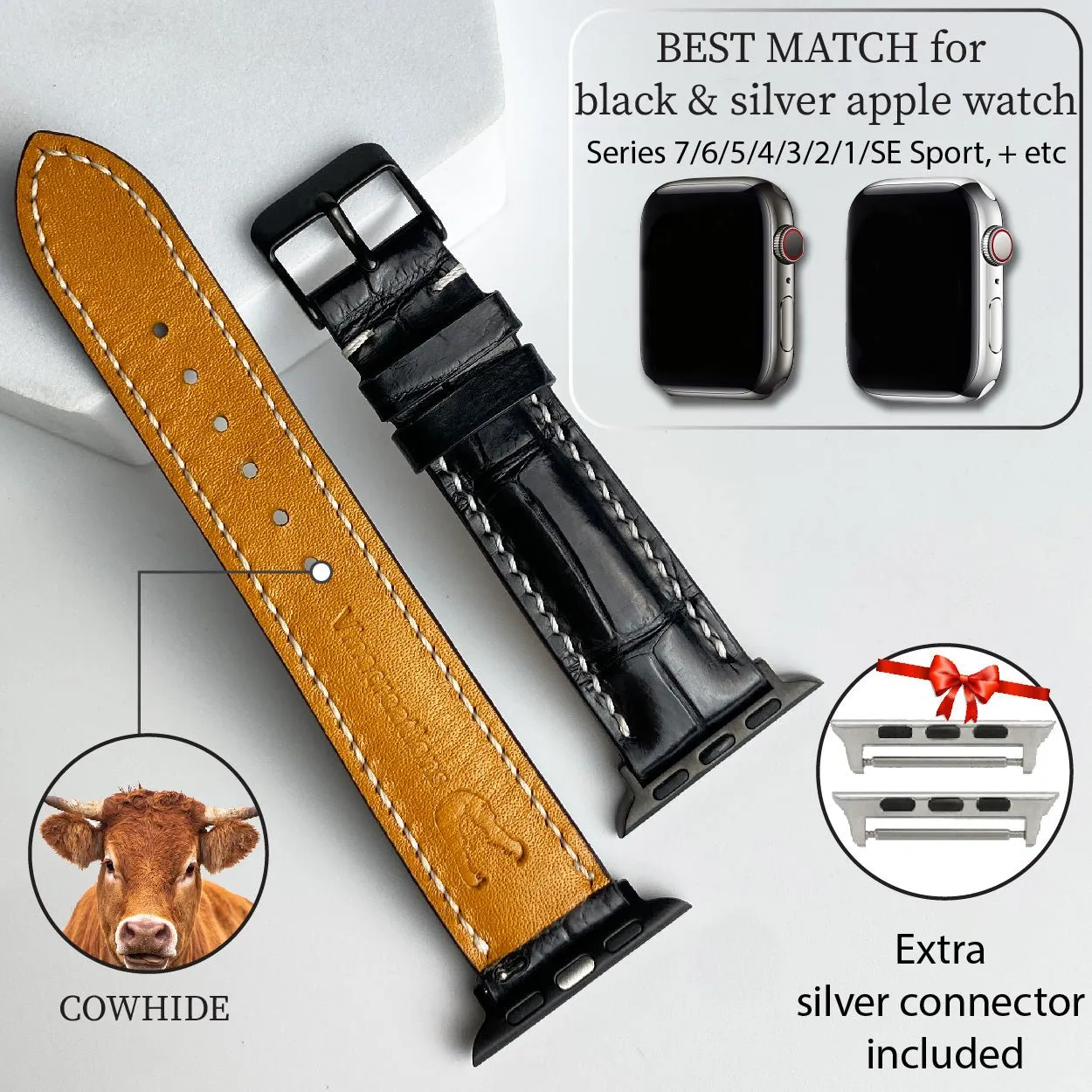 White Hand Stitching Black Alligator Leather Strap for Apple Watch Ultra Series 8 7 6 5 4 3 SE | AW-154