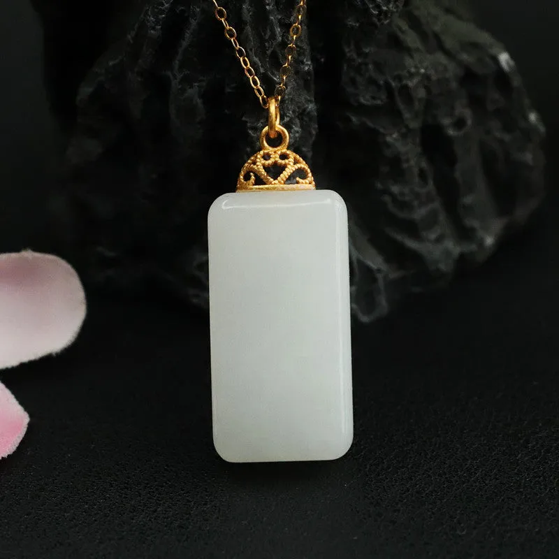 White Jade Tag Necklace with Natural Hetian Jade Pendant