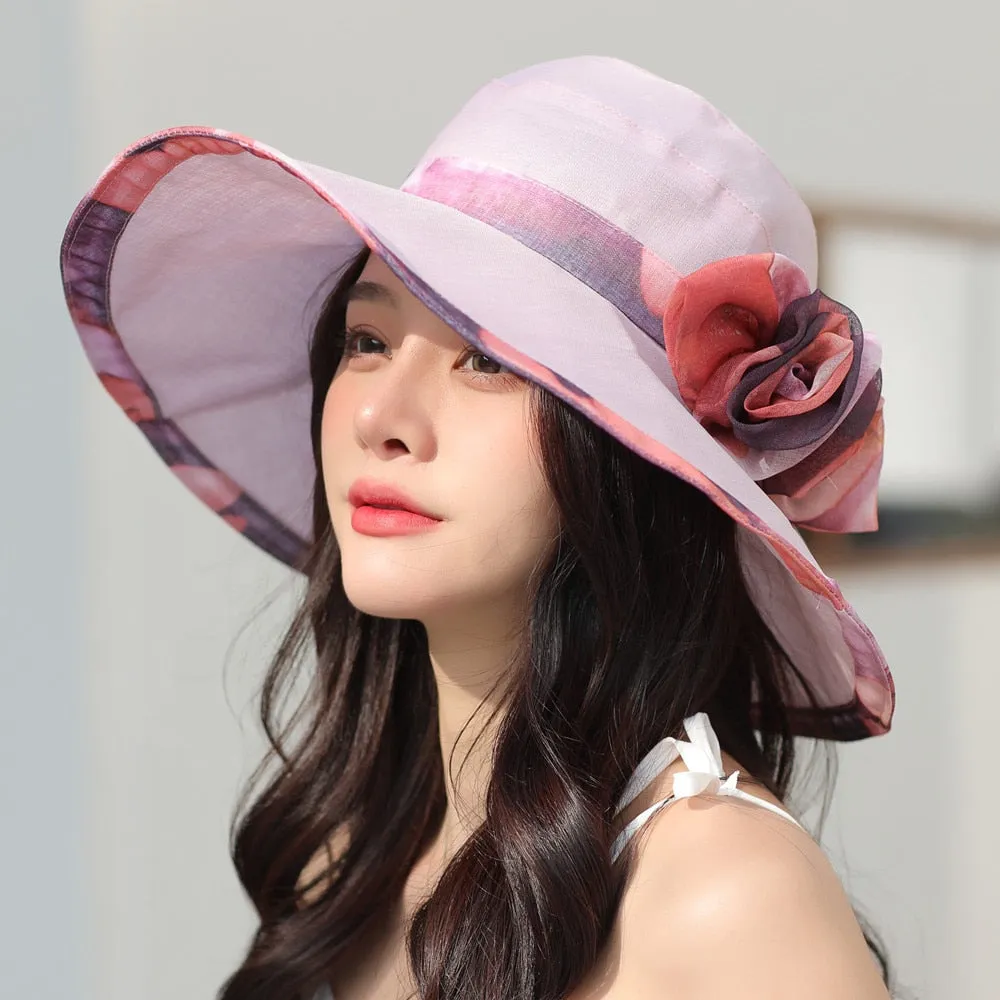 Women Summer Sun Hats Fashion Bow Flower Design Beach Hat Women Outdoor Anti-UV Travel Cap