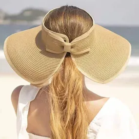 Women Sun Protection Empty Top Straw Hat Beach Wide Brim Bow-Knot Big Floppy Folding Sun Hat