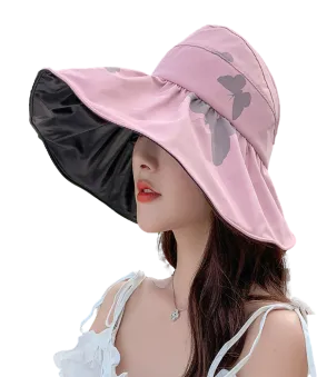 Women Wide Brim Summer Sun Hat Lightweight Foldable Beach Sun Hat for Ladies Travel Roll up Ponytail Visor Butterfly