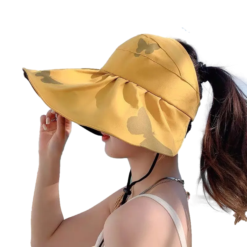 Women Wide Brim Summer Sun Hat Lightweight Foldable Beach Sun Hat for Ladies Travel Roll up Ponytail Visor Butterfly