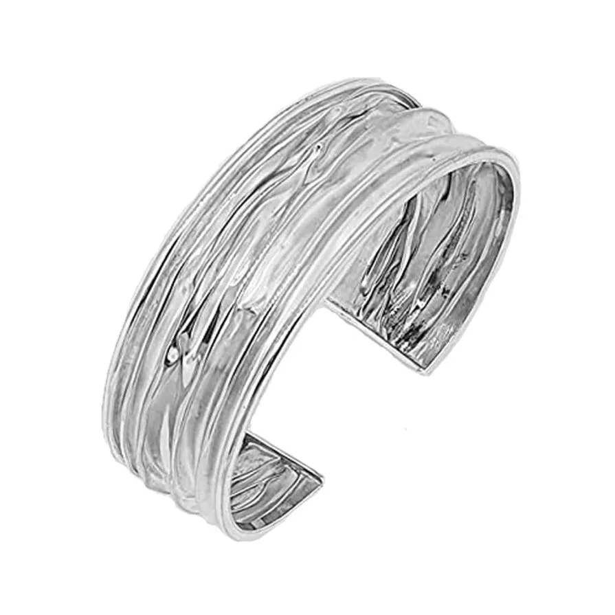 Women's Statement Chunky Crushed Design 20MM Silver Cuff Bangle Bracelet