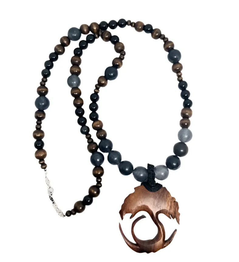 Wooden Yggdrasil Pendant Necklace with Obsidian and Jade crystal