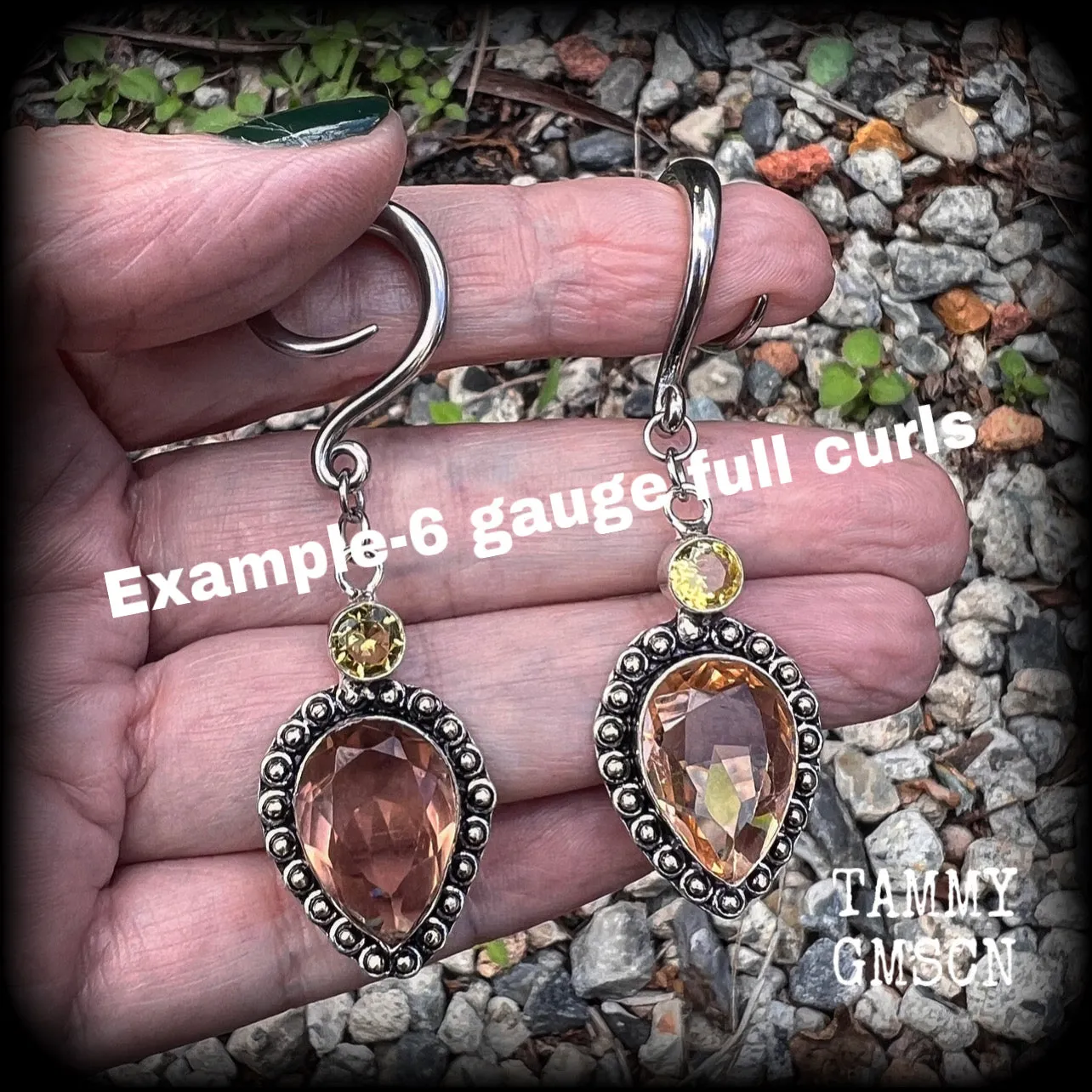 Yellow citrine and topaz gauged earrings-Gemstone ear hangers