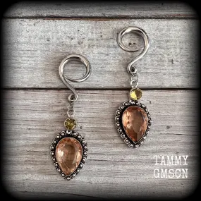 Yellow citrine and topaz gauged earrings-Gemstone ear hangers