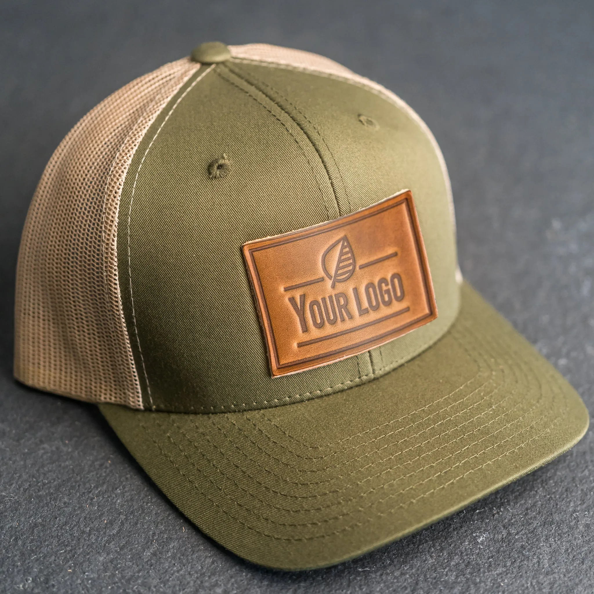 Your Logo on a Leather Patch Trucker Style Hat