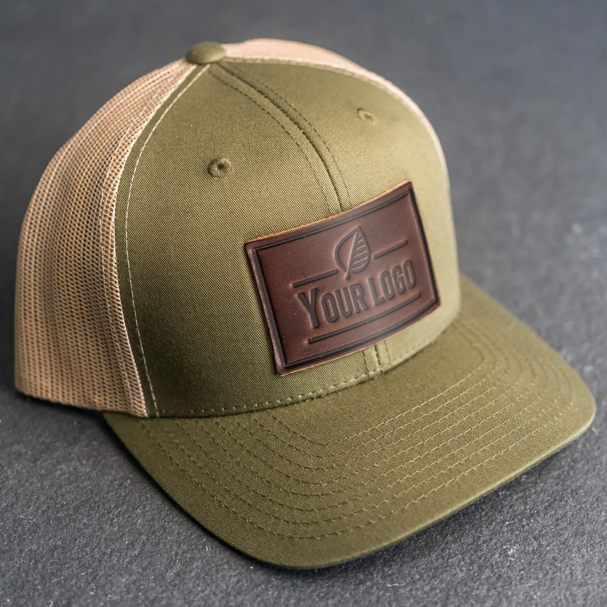 Your Logo on a Leather Patch Trucker Style Hat