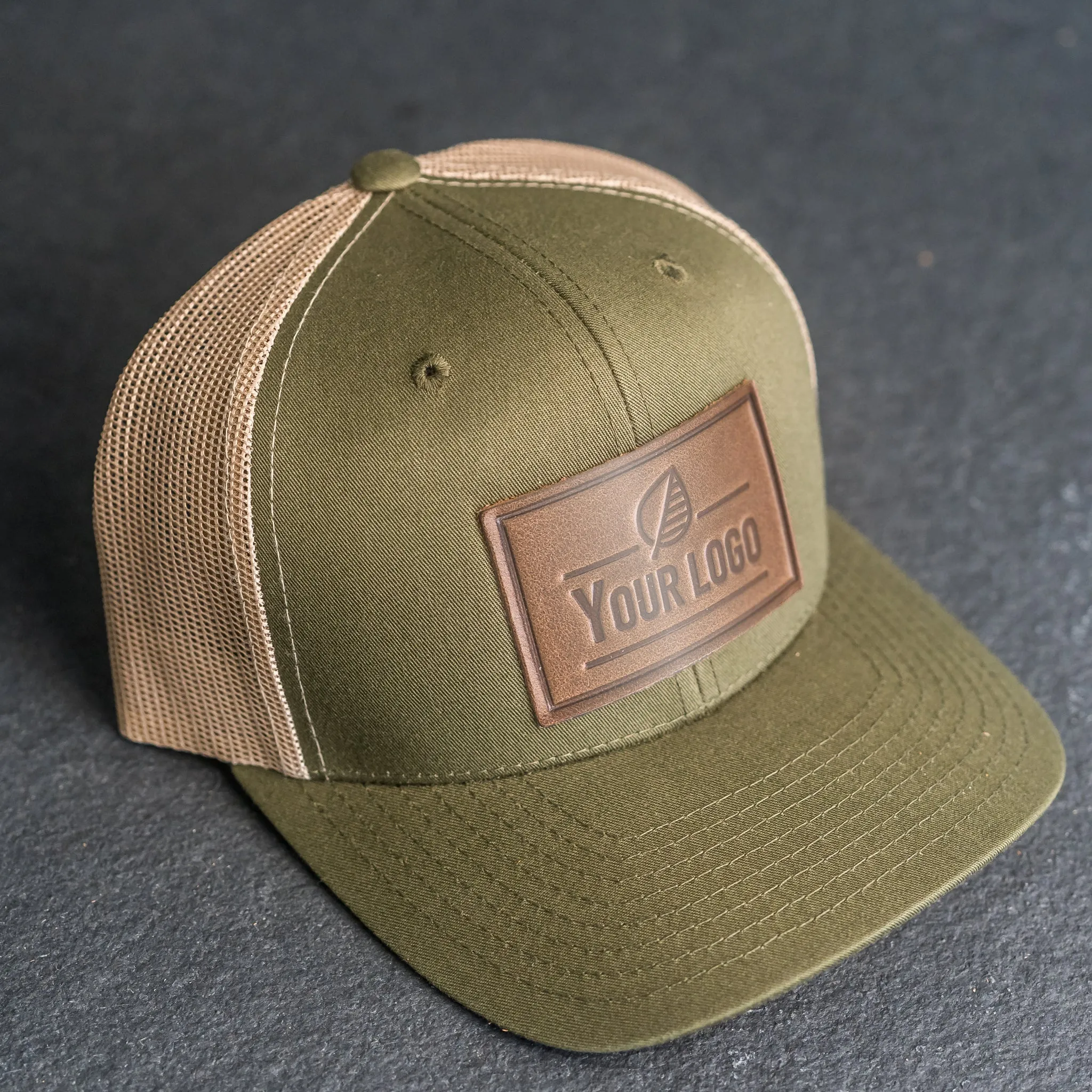 Your Logo on a Leather Patch Trucker Style Hat